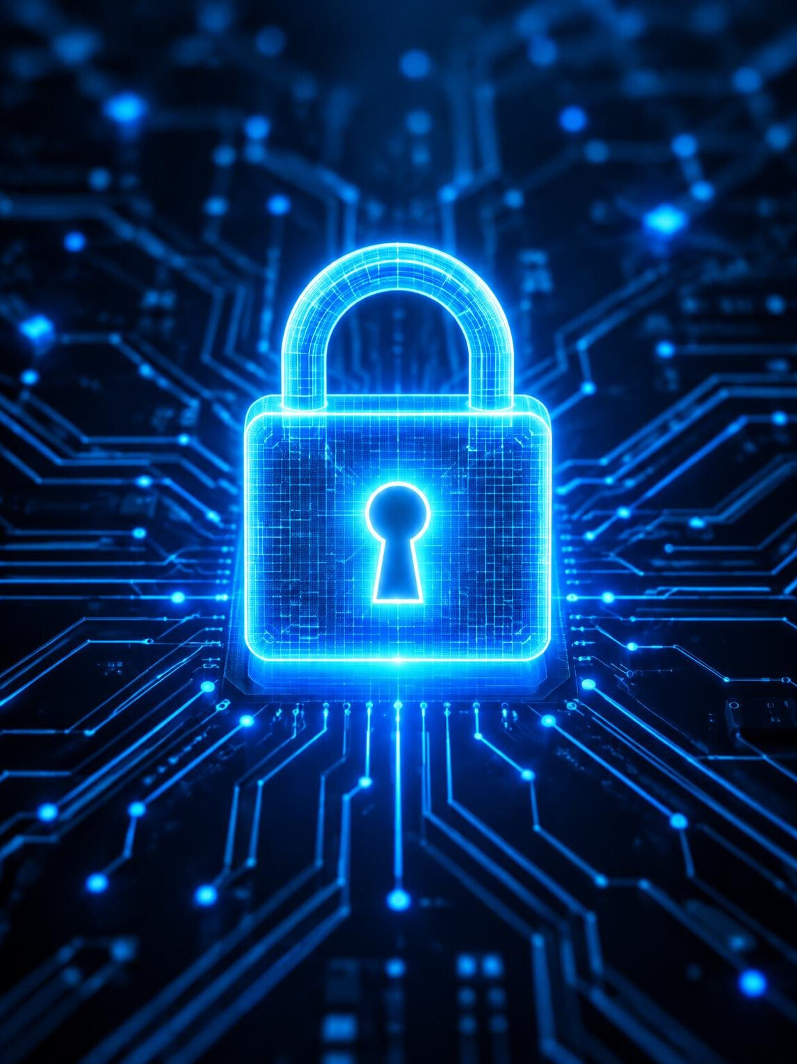 Digital security concept with a glowing lock on a circuit board