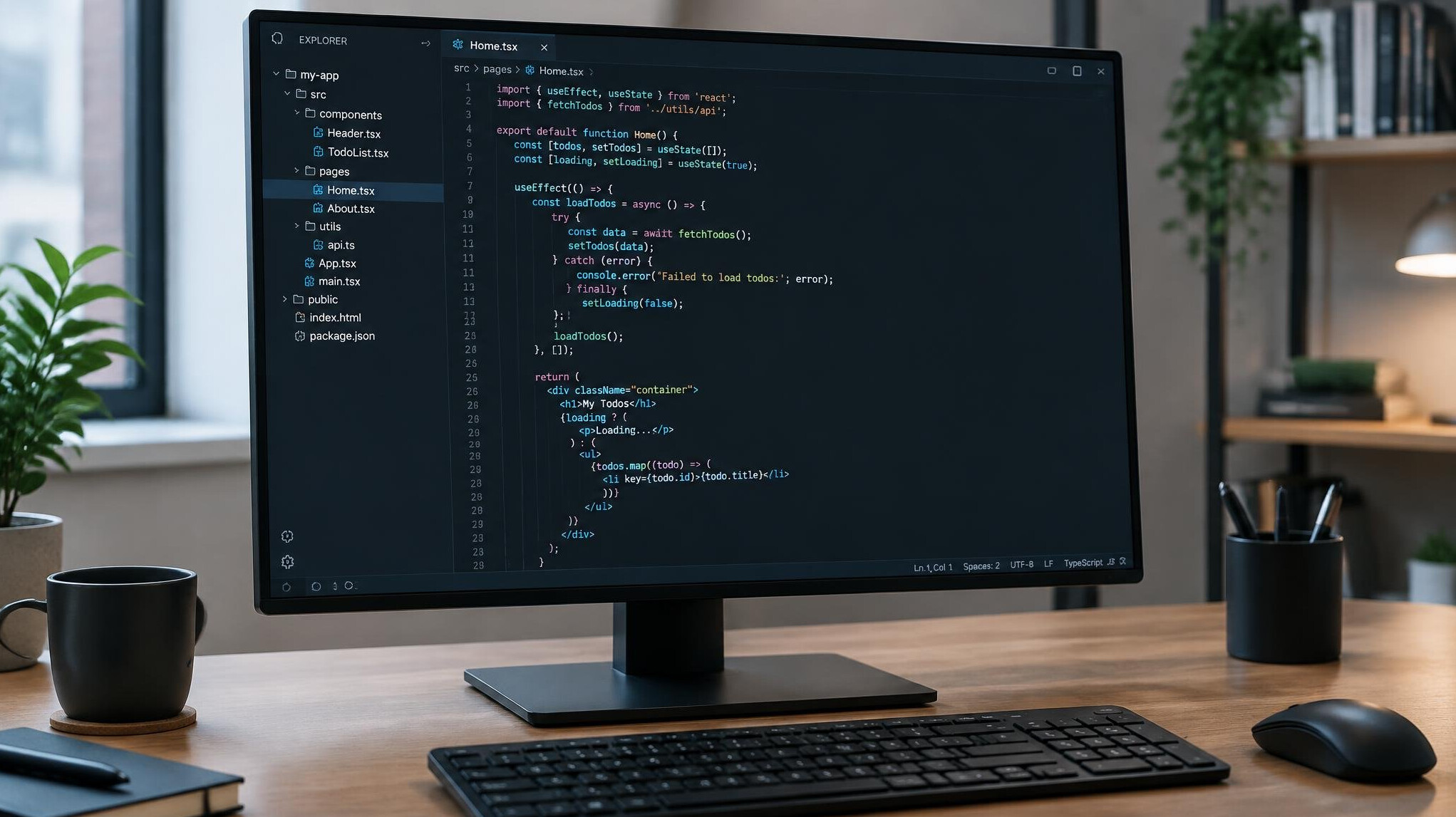 Programming code on a computer monitor in a modern office