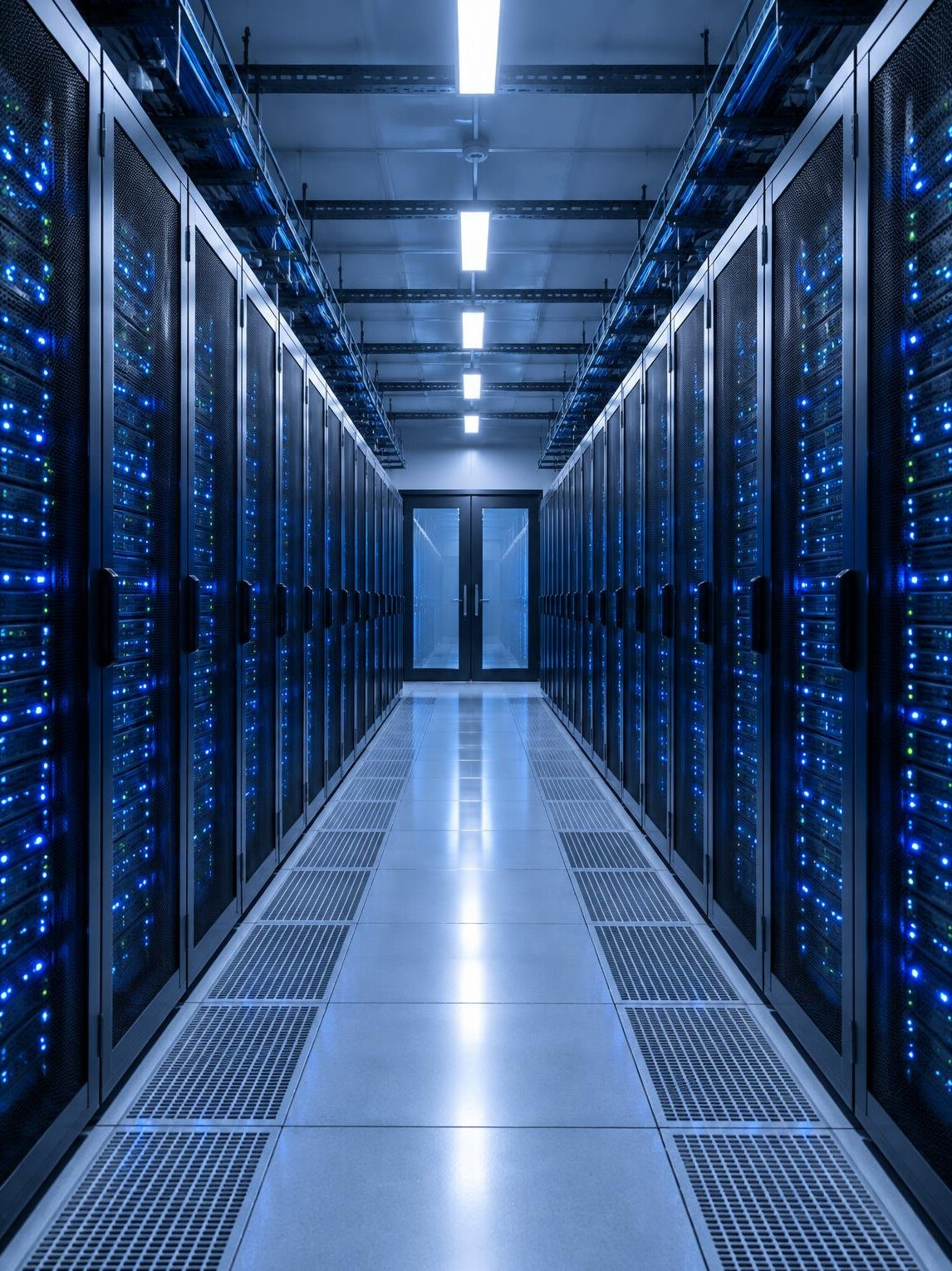 Rows of servers in a data center with blue lights